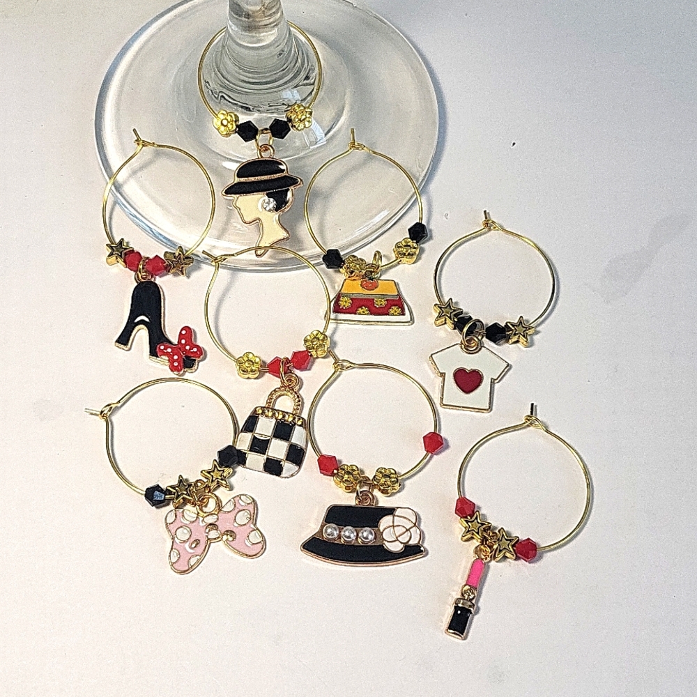 Set of 8 Handcrafted Glamour Ladies Fashion Wine Charms #2
